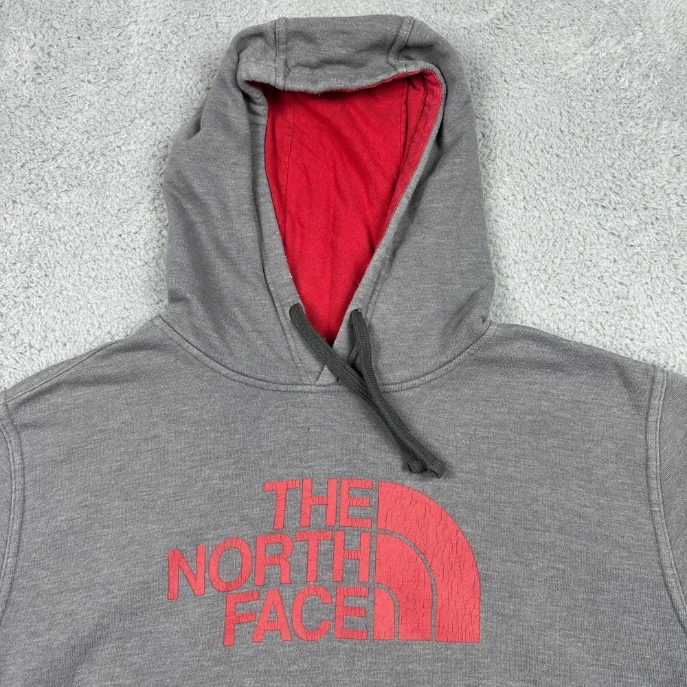 The North Face Pullover Hoodie Mens Large Gray Red Logo Fleece Sweatshirt